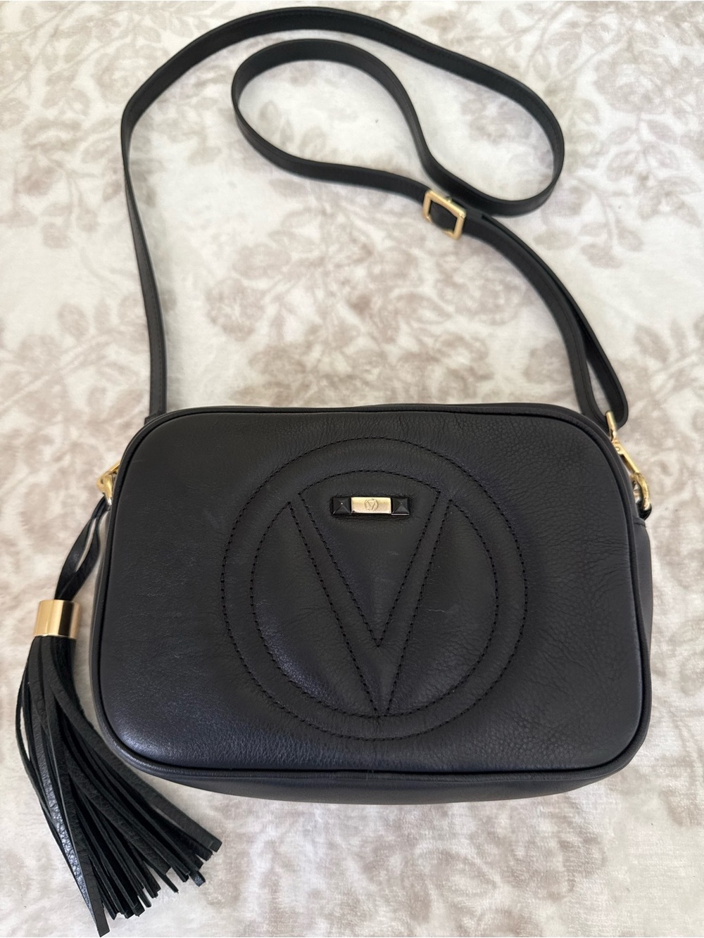 Valentino by Mario Valentino Mia Black Leather Camera Bag Crossbody with Tassel